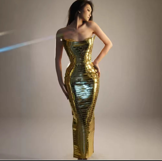 Luxury 3 D strapless bodycon long party dress